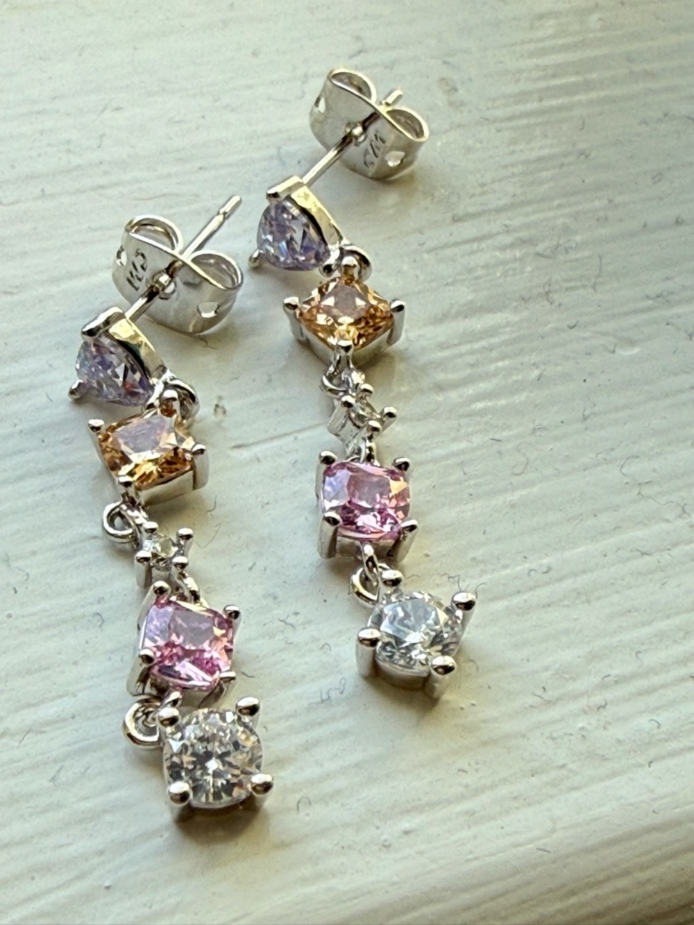 NEW! 14k White Gold Plated Multi-Stone Drop Earrings - Pink, Yellow & Clear - Picture 2 of 10